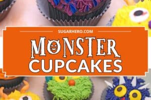 Two photo collage of Monster Cupcakes with text overlay for Pinterest.