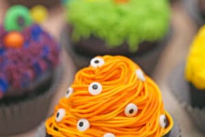 Picture of Monster Cupcakes with text overlay for Pinterest.