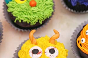 Picture of Monster Cupcakes with text overlay for Pinterest.
