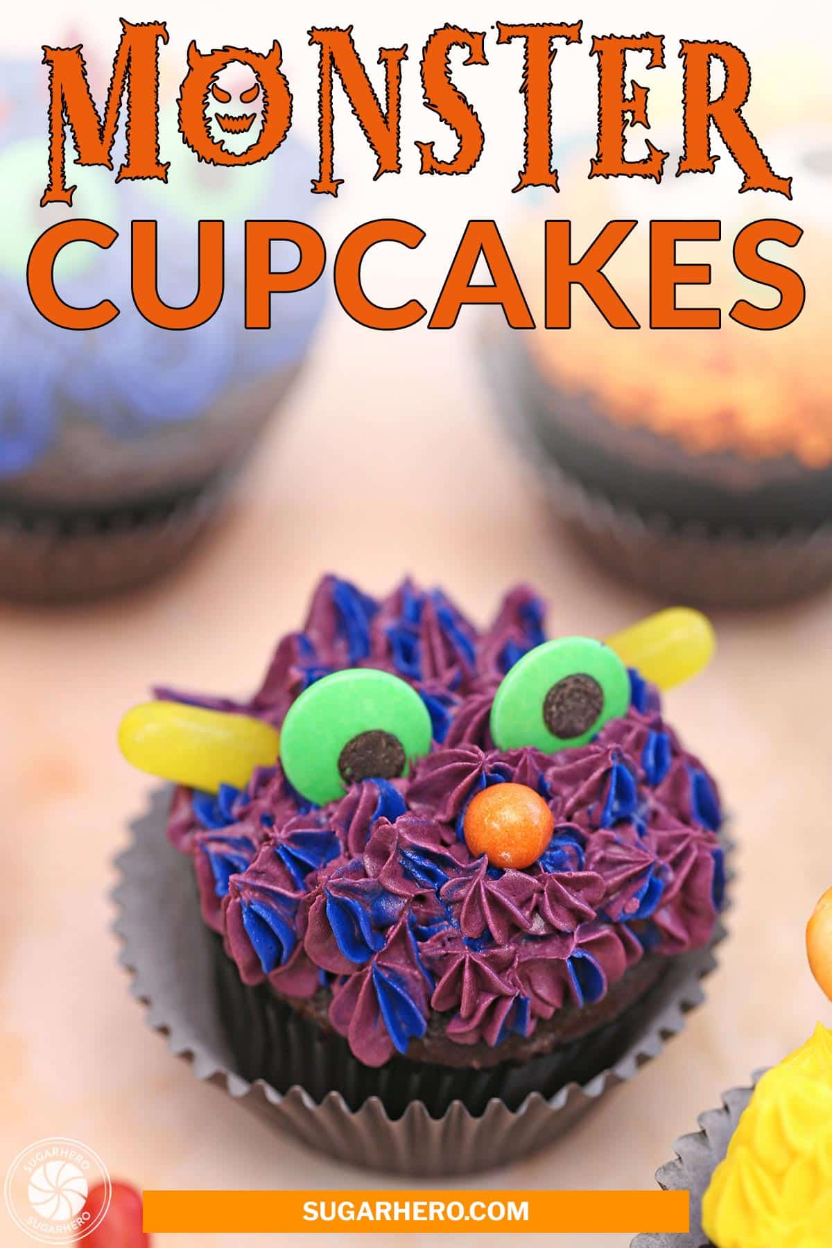 Picture of Monster Cupcakes with text overlay for Pinterest.