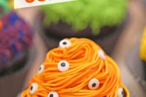 Picture of Monster Cupcakes with text overlay for Pinterest.