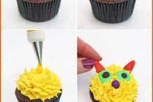 Six photo collage showing how to decorate Monster Cupcakes.