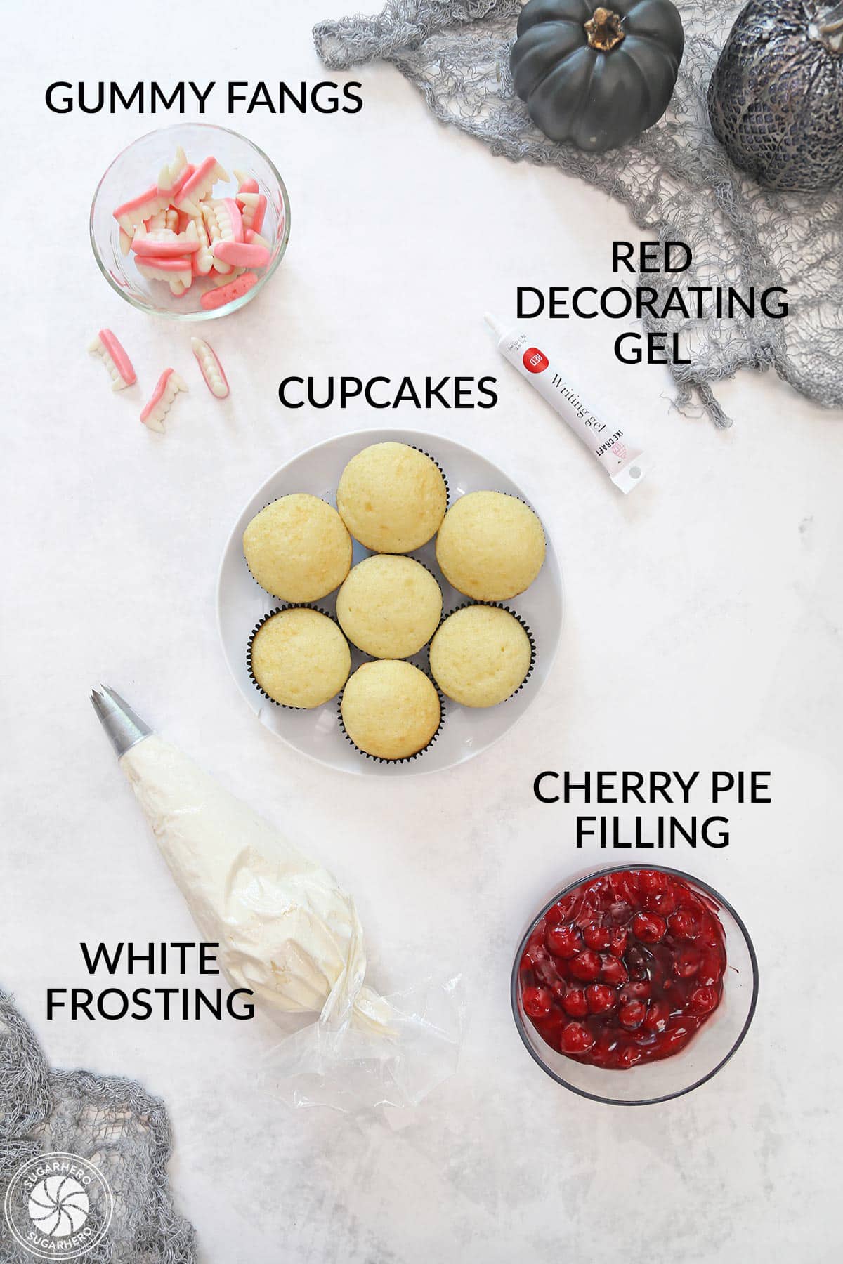 Ingredients needed for vampire bite cupcakes with text labels.