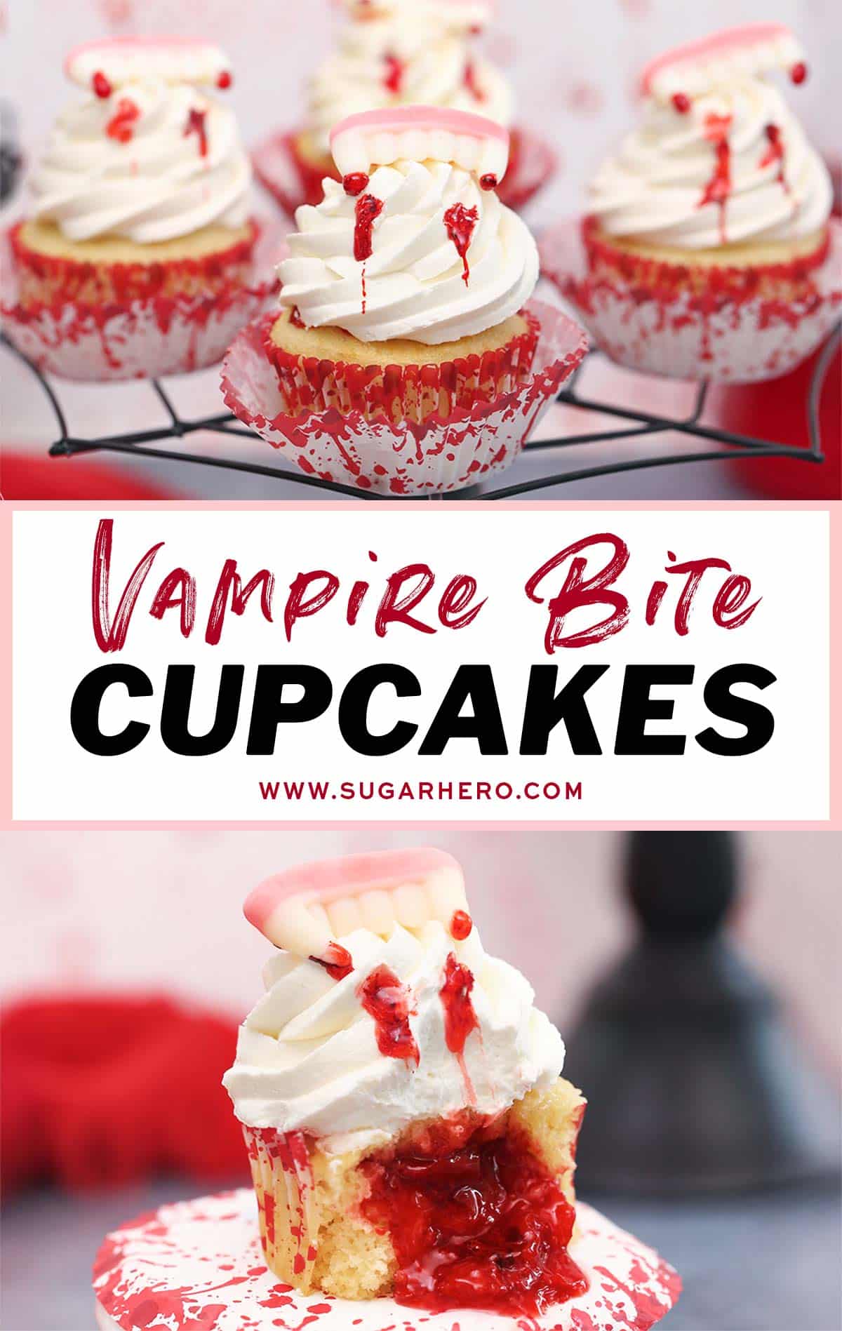 Two photo collage of vampire bite cupcakes with text overlay for Pinterest.
