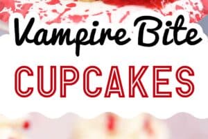Two photo collage of Vampire Bite Cupcakes with text for Pinterest.