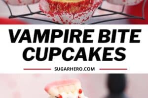 Two photo collage of vampire bite cupcakes with text overlay for Pinterest.