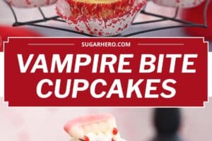 Two photo collage of vampire bite cupcakes with text overlay for Pinterest.