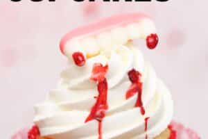 An image of a vampire bite cupcake with text overlay for Pinterest.