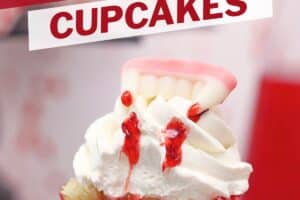 An image of a vampire bite cupcake with text overlay for Pinterest.