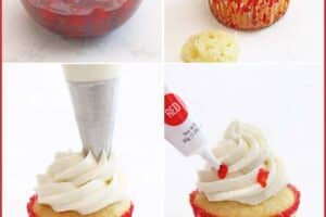 Six photo collage of how to make vampire bite cupcakes with text overlay for Pinterest.