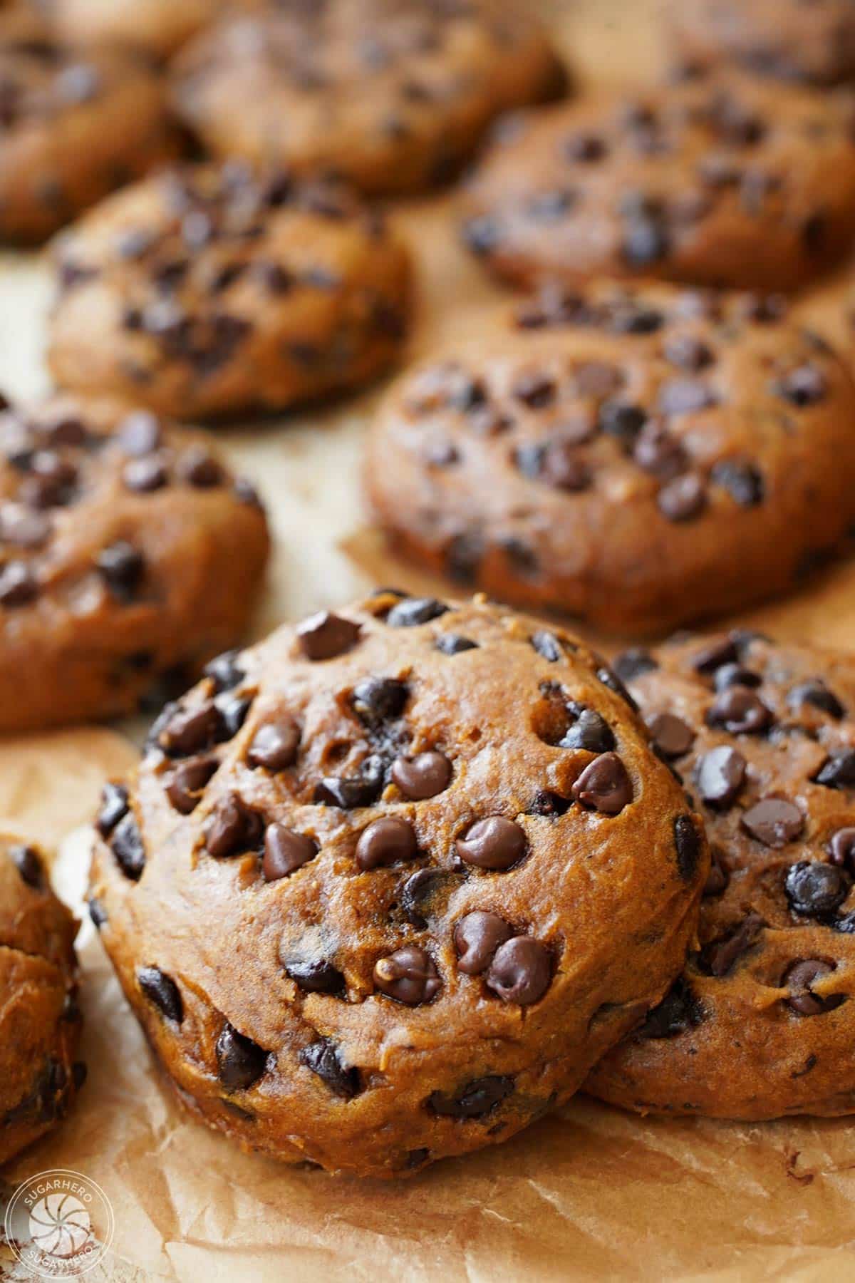 Close up of a pumpkin chocolate chip cookie.