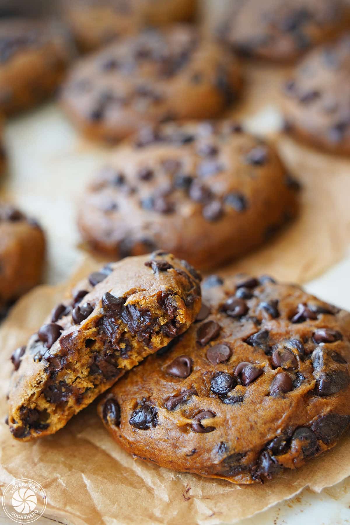 Close up of two pumpkin chocolate chip cookies with a bite taken from top overlapping cookie.