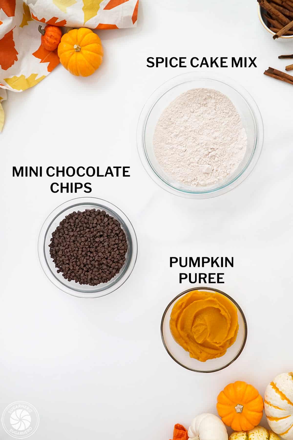 Ingredients needed for pumpkin chocolate chip cookies with text labels.