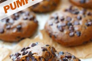 An image of pumpkin chocolate chip cookies with text overlay for Pinterest.