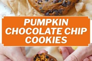 Two images of pumpkin chocolate chip cookies with text overlay for Pinterest.