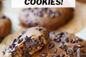 An image of pumpkin chocolate chip cookies with text overlay for Pinterest.