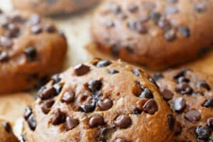 An image of pumpkin chocolate chip cookies with text overlay for Pinterest.