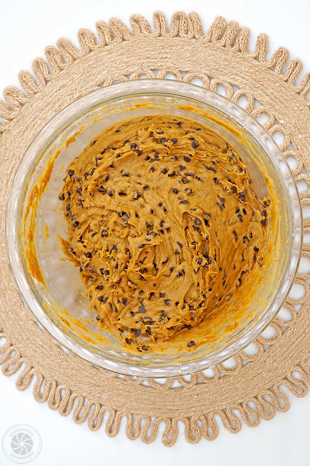 Fully mixed pumpkin chocolate chip cookie batter.