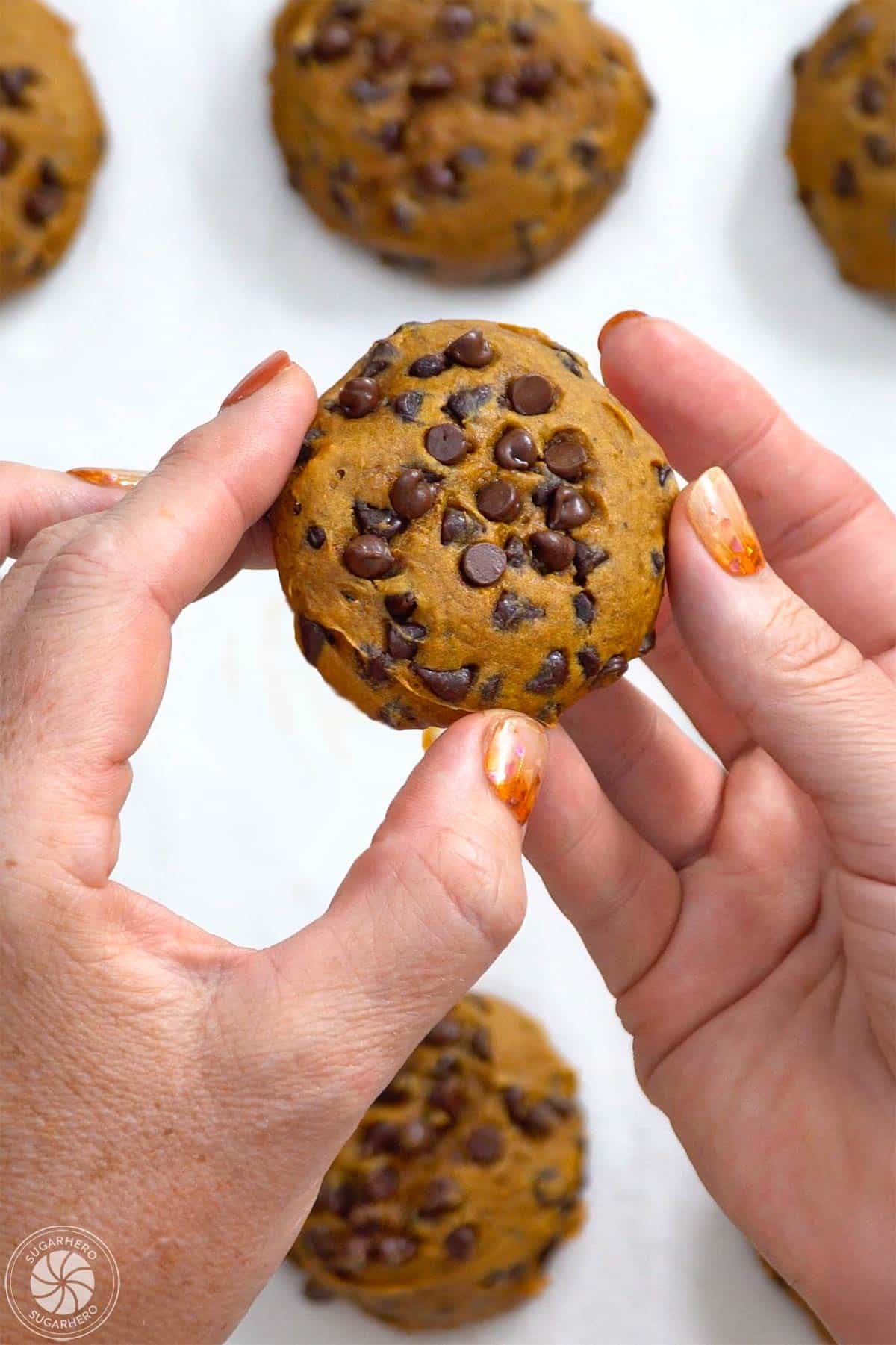 Hand holding up a pumpkin chocolate chip cookie.