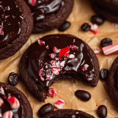 Close up of a peppermint mocha cookie with a bite taken out of it.