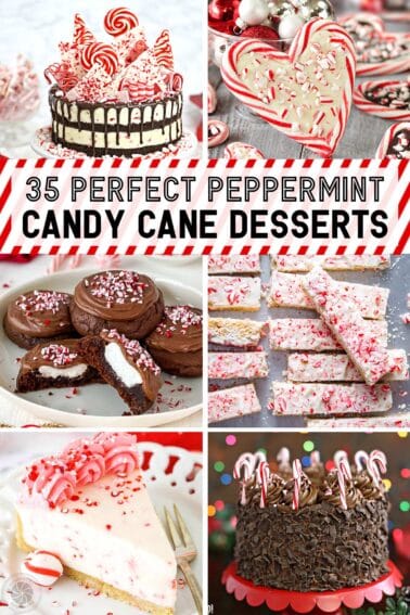 Six photo collage with text featuring peppermint desserts.