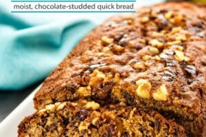 An image of banana bread with text overlay for Pinterest.