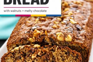 An image of banana bread with text overlay for Pinterest.