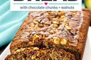 An image of banana bread with text overlay for Pinterest.