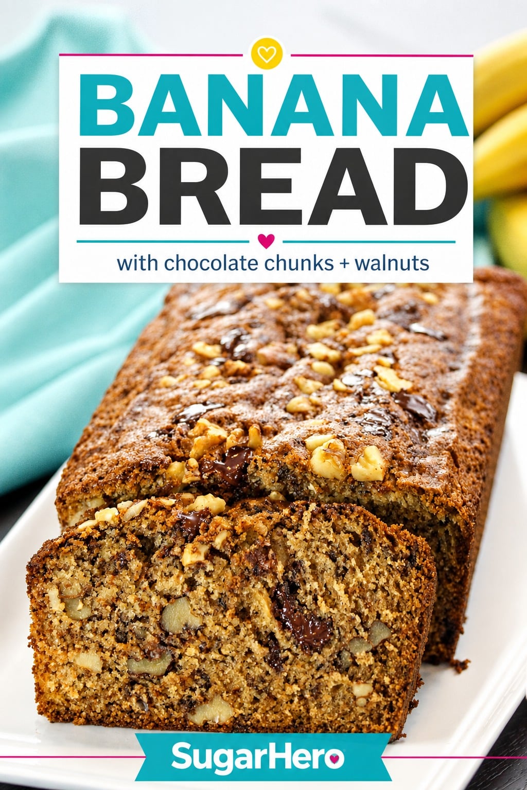 An image of banana bread with text overlay for Pinterest.