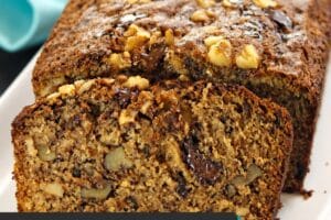 An image of banana bread with text overlay for Pinterest.