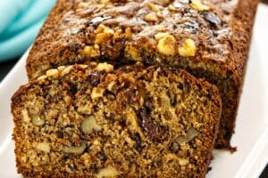 An image of banana bread with text overlay for Pinterest.