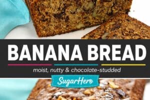 A 2 image collage of banana bread with text overlay for Pinterest.