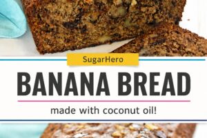 A 2 image collage of banana bread with text overlay for Pinterest.
