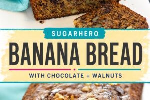 A 2 image collage of banana bread with text overlay for Pinterest.