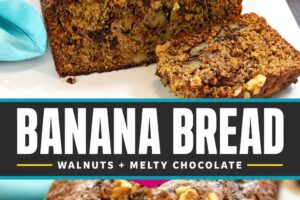 A 2 image collage of banana bread with text overlay for Pinterest.