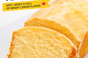 Picture of a loaf of lemon bread, with text overlay for Pinterest.