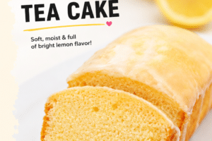 Picture of a loaf of lemon bread, with text overlay for Pinterest.