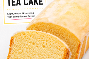 Picture of a loaf of lemon bread, with text overlay for Pinterest.
