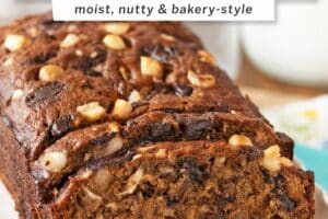 An image of banana coconut macadamia nut bread with text overlay for pinterest.
