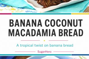 Two photo collage of banana coconut macadamia nut bread with text overlay for pinterest.