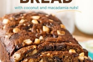 An image of banana coconut macadamia nut bread with text overlay for pinterest.