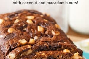 An image of banana coconut macadamia nut bread with text overlay for pinterest.