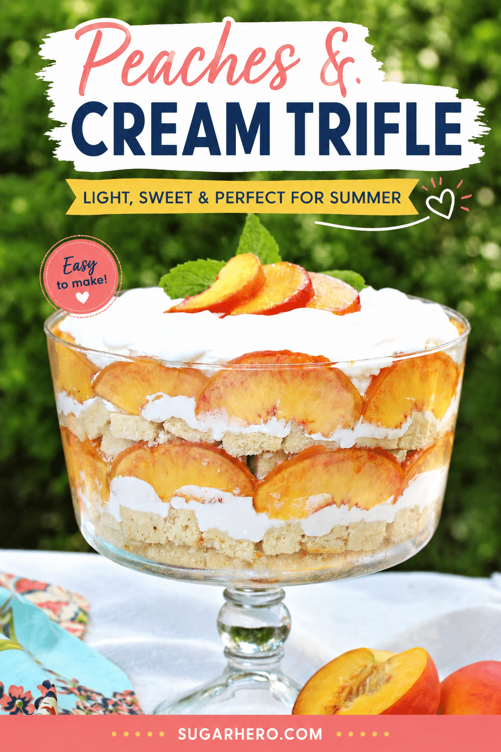 An image of peaches and cream trifle with text overlay for pinterest.