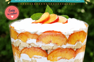 An image of peaches and cream trifle with text overlay for pinterest.
