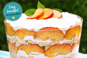 An image of peaches and cream trifle with text overlay for pinterest.