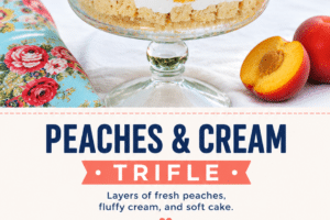 A 2 photo collage of peaches and cream trifle with text overlay for pinterest.