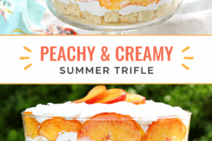 A 2 photo collage of peaches and cream trifle with text overlay for pinterest.