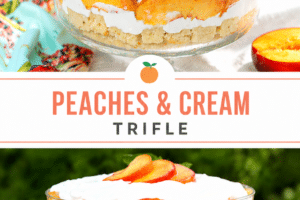 A 2 photo collage of peaches and cream trifle with text overlay for pinterest.